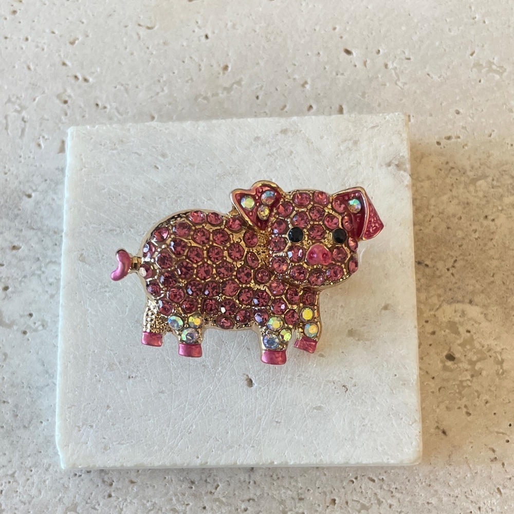 Anthropologie Pink Pig Brooch Rhinestone Whimsical Statement Pin